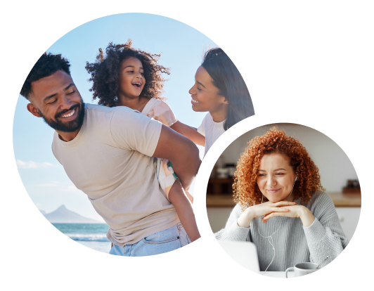 two circular images, one of a happy family and one of a woman looking at her computer